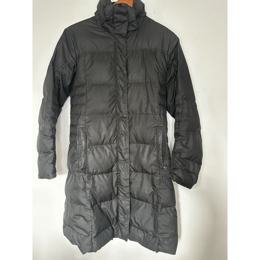 Patagonia Women's Black Long Down Puffer Coat Full Zip Quilted Logo - S